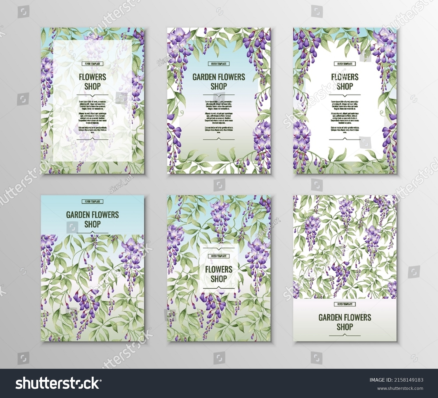 SVG of Set of flyer templates for poster, invitations with purple wisteria. A4 size background. svg