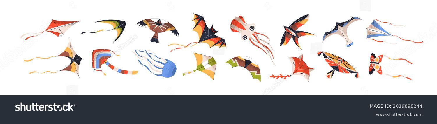 SVG of Set of flying wind kites of different type and shape. Collection of kids air toys floating in sky. Colored flat vector illustration of childish entertainment game isolated on white background svg