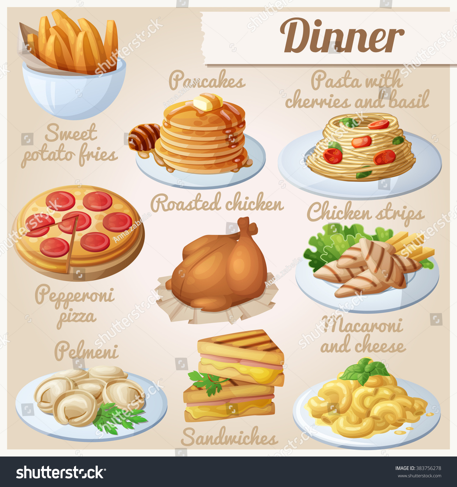 Set Of Food Icons. Dinner. Sweet Potato Fries, Pancakes, Pasta With ...