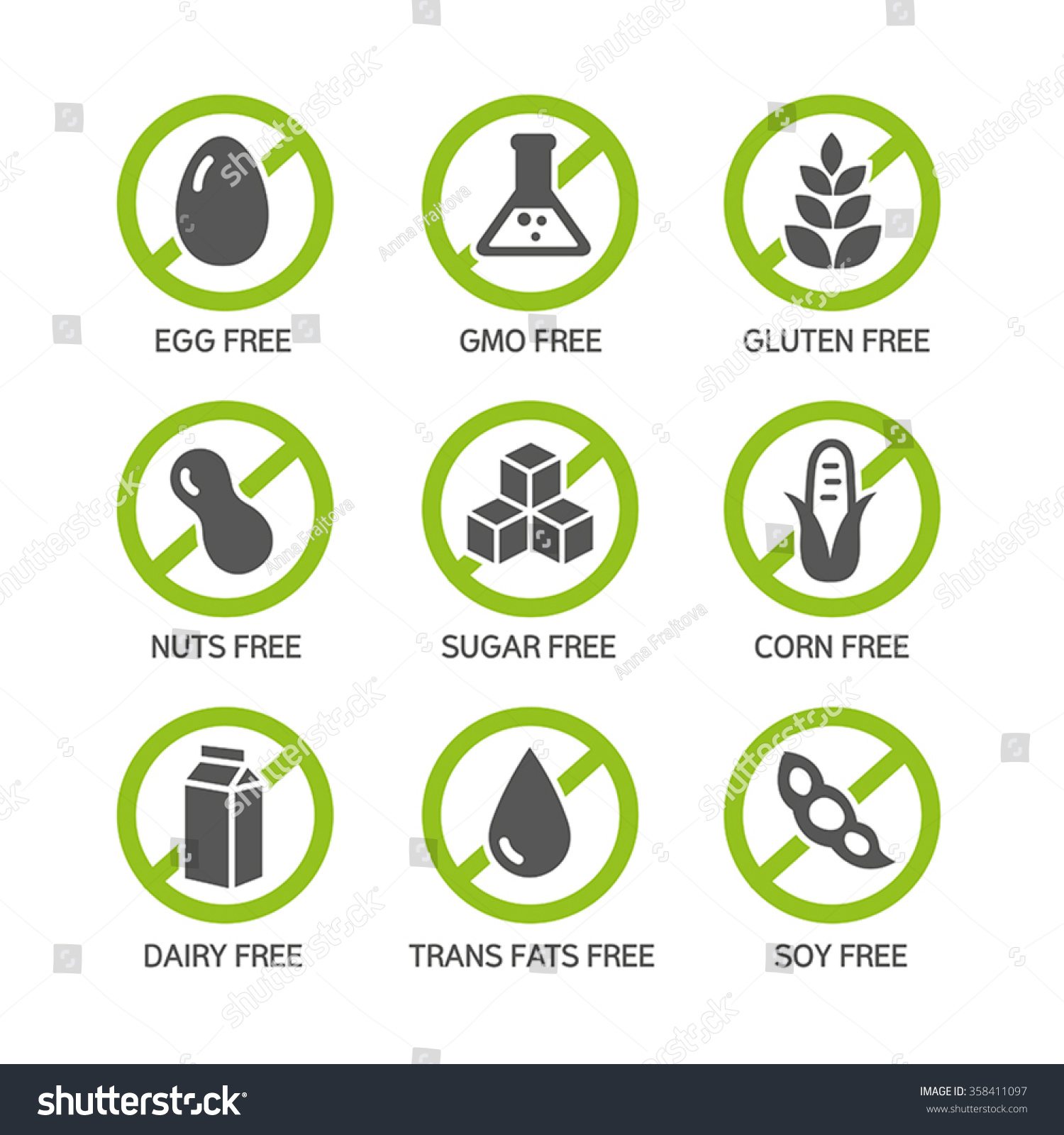 SVG of Set of food labels - allergens, GMO free products. svg