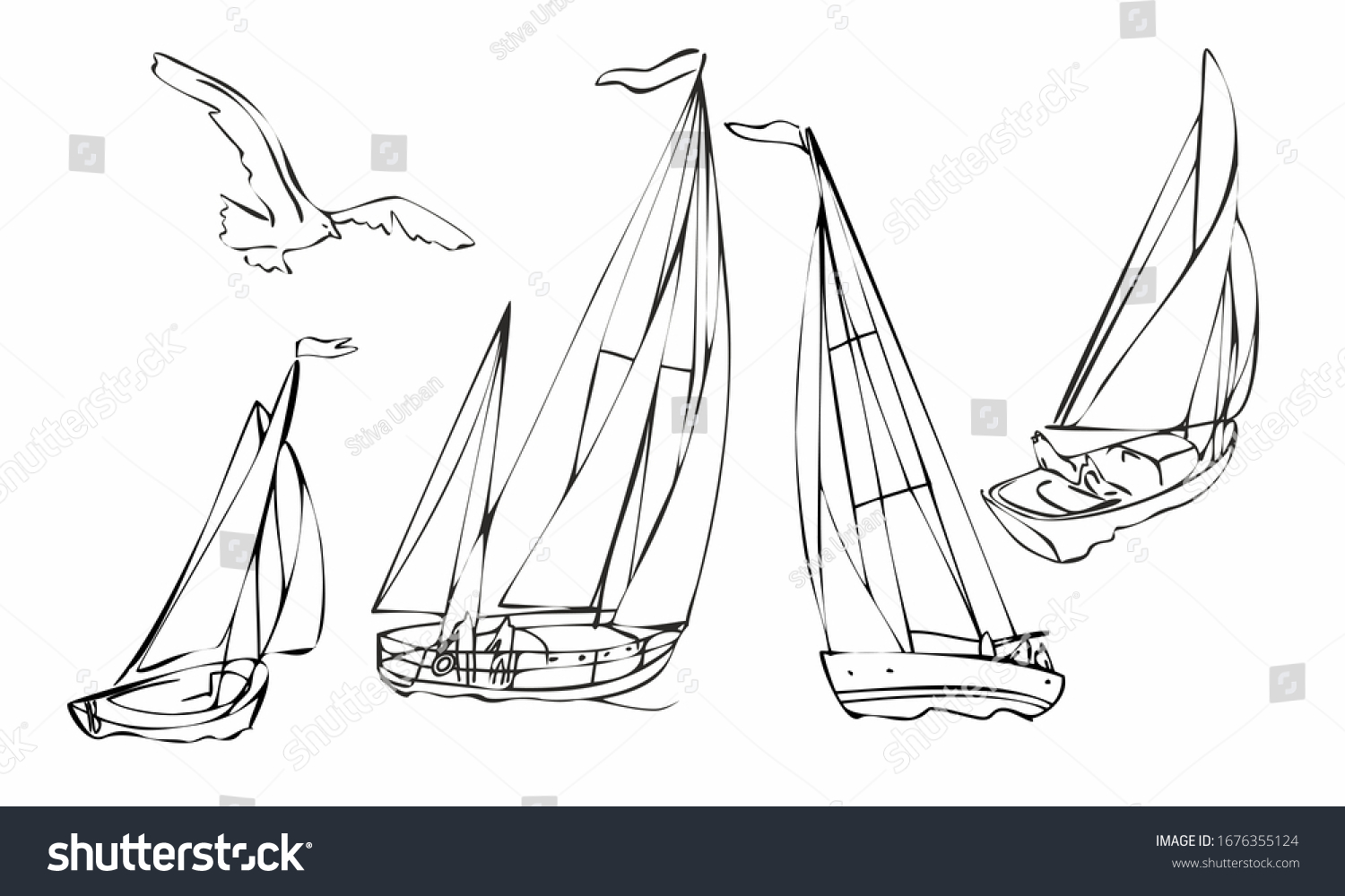 SVG of Set of four black silhouette sailboats, set of sailboat icons. Outline style. Line art svg
