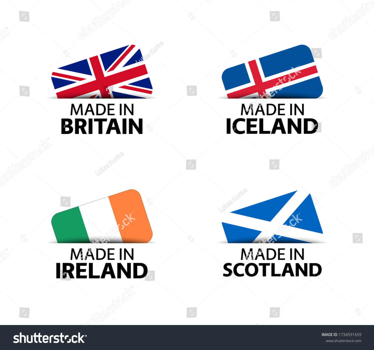 SVG of Set of four British, Icelandic, Irish and Scottish stickers. Made in Britain, Made in Iceland, Made in Ireland and Made in Scotland. Simple icons with flags isolated on a white background svg