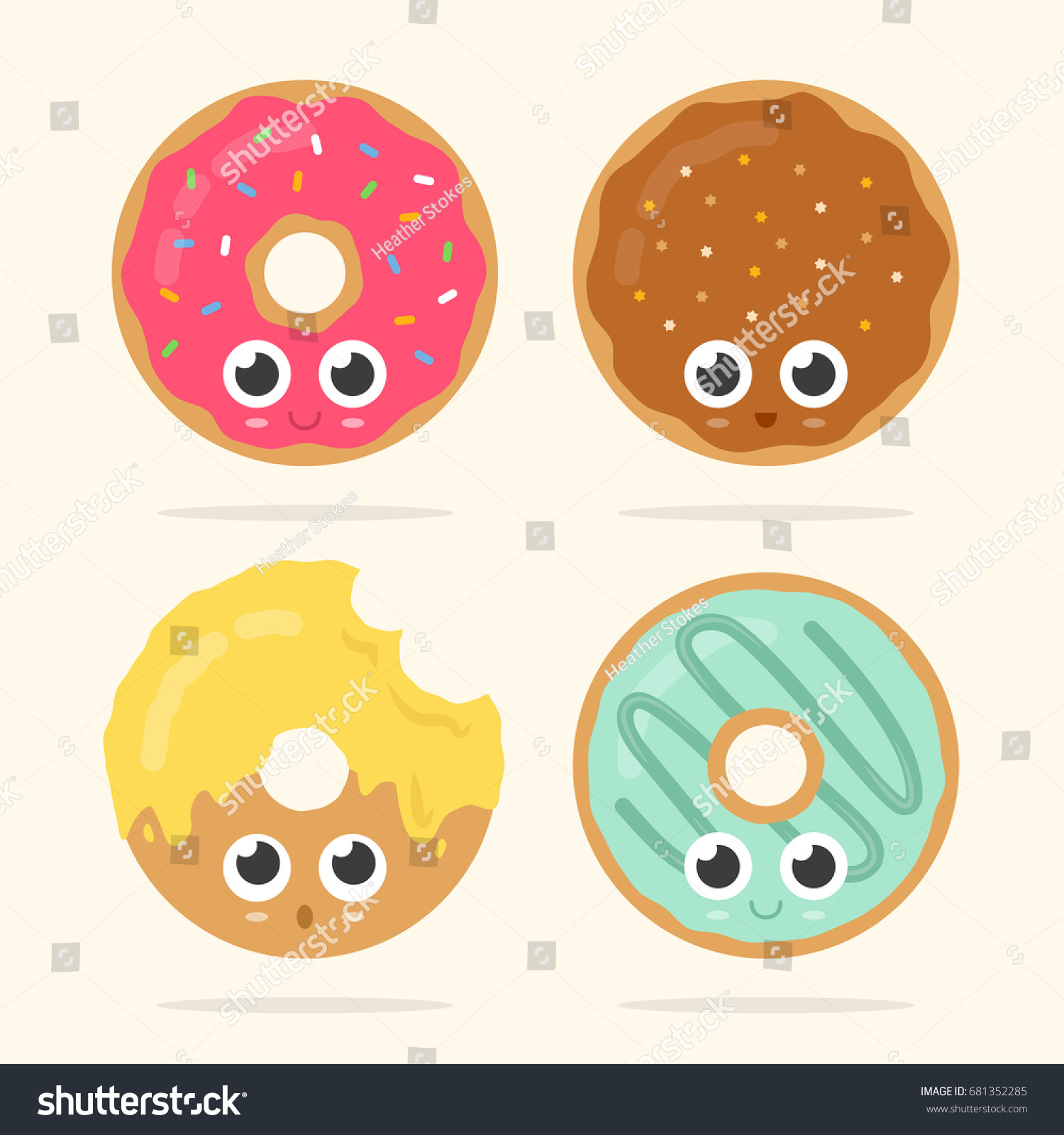 Set Four Cute Donuts Faces Stock Vector (Royalty Free) 681352285