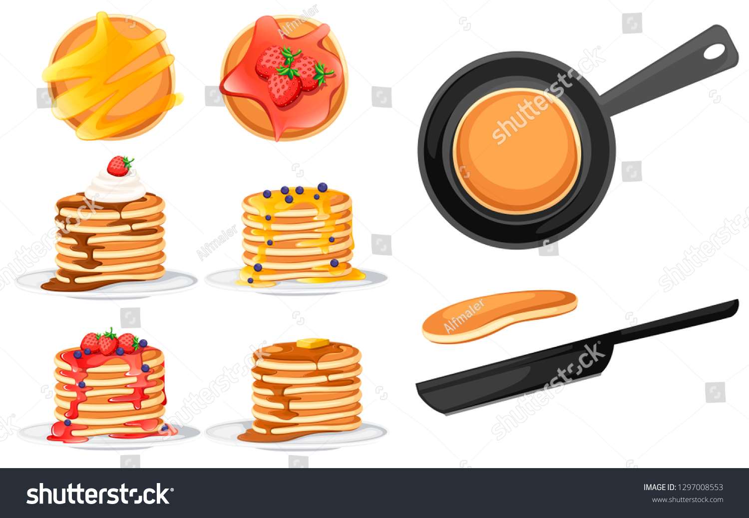 SVG of Set of four pancakes with different toppings. Pancakes on white plate. Baking with syrup or honey. Breakfast concept. Fluffy pancake in frying pan. Flat vector illustration on white background. svg