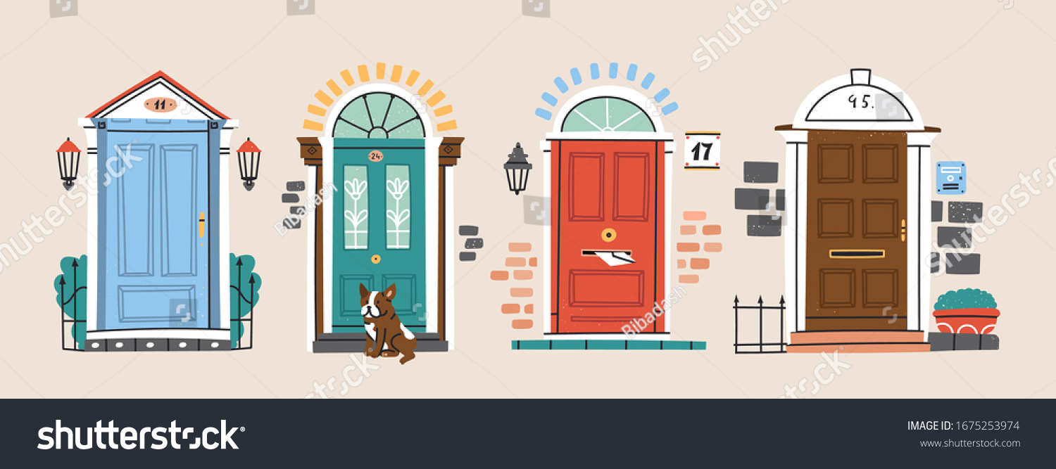 SVG of Set of four retro vintage Front Doors. Brick wall. Lamp on a wall. Windows. Sitting bulldog. House Exterior. Home Entrance. Hand drawn colored vector illustration. Isolated on a beige background svg