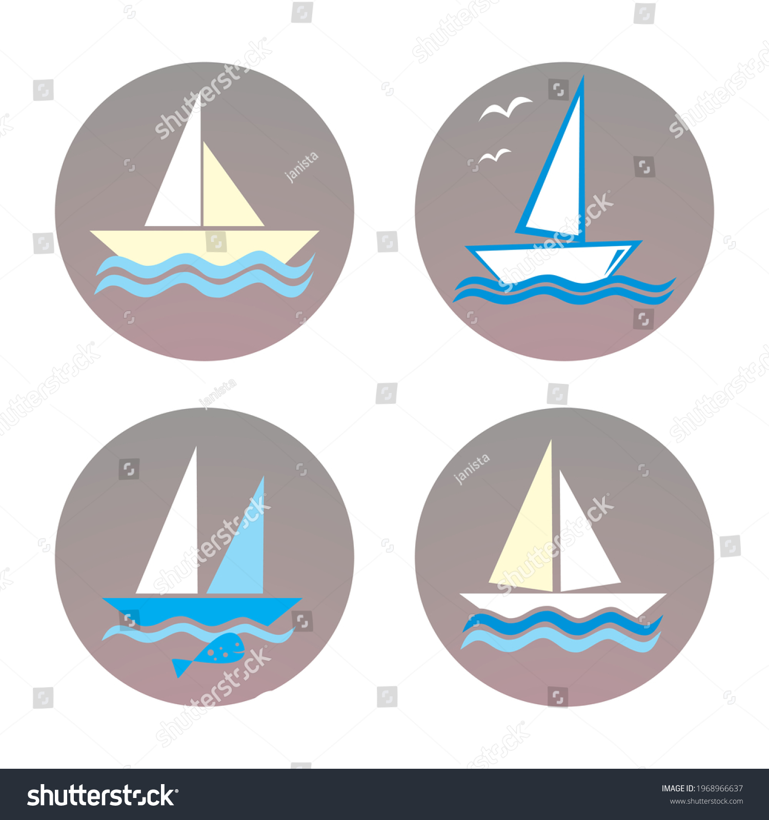 SVG of Set of four sailboats at gray circle frame, vector icons	 svg