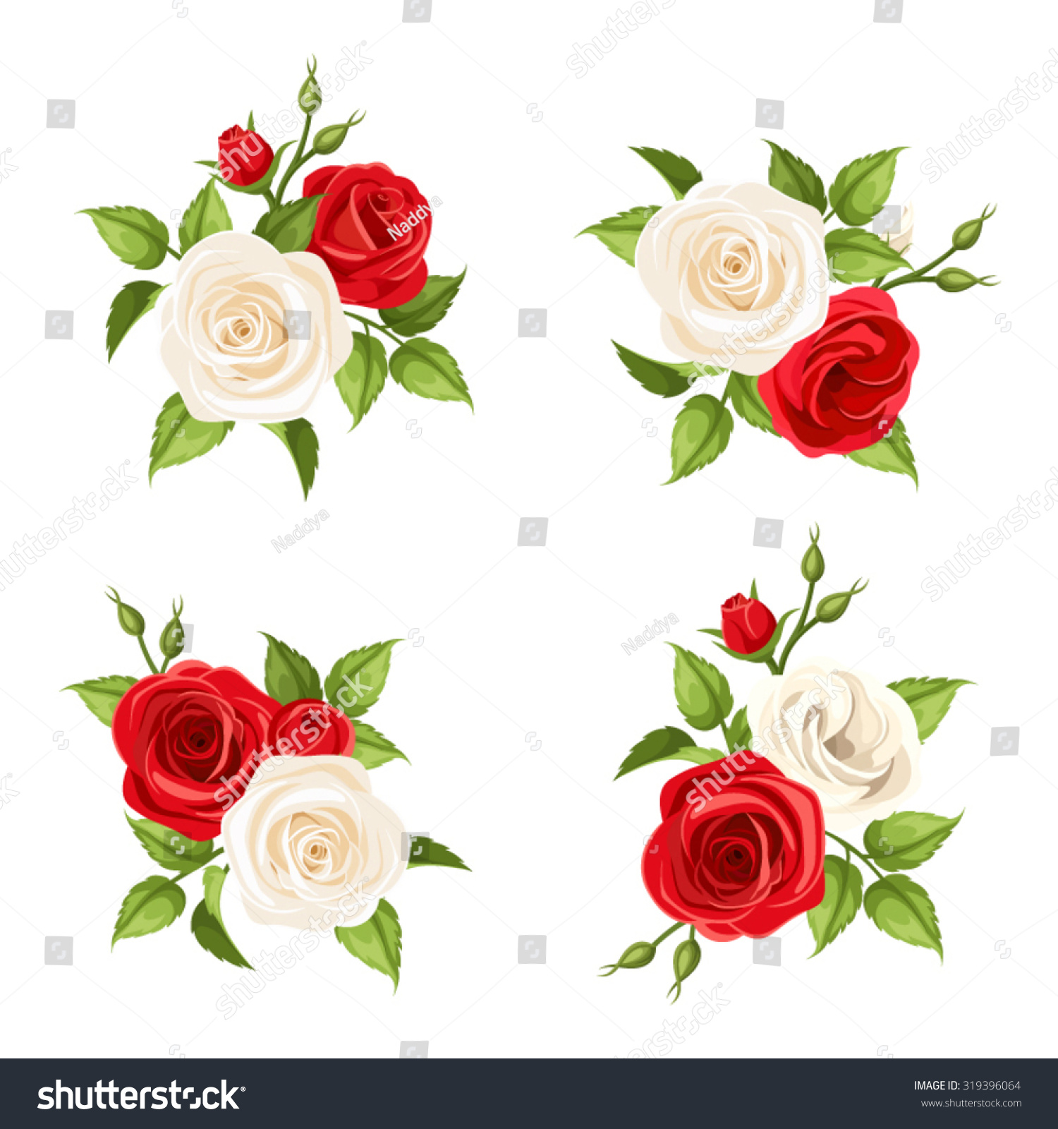 Set Four Vector Bouquets Red White Stock Vector Royalty Free