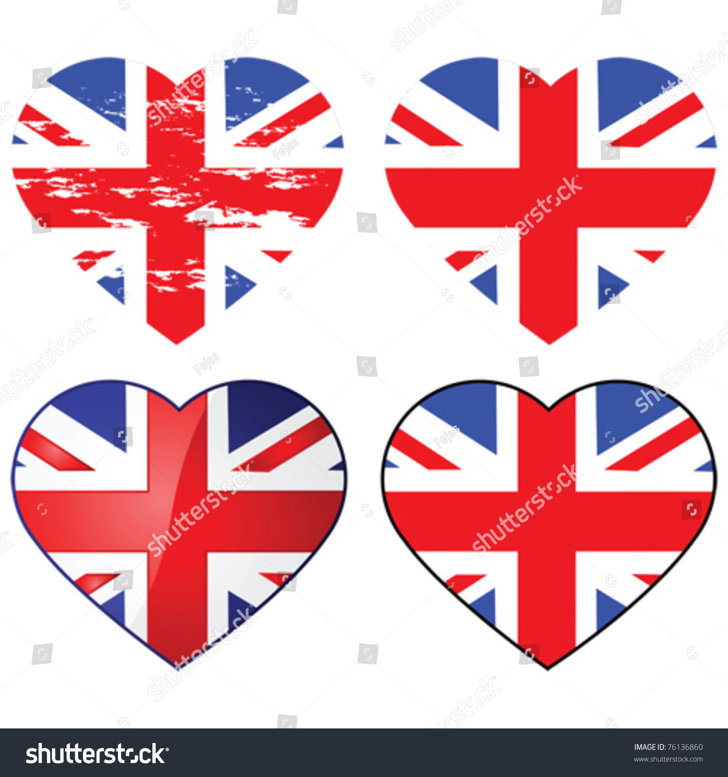 SVG of Set of four vector Union Jack flags shaped like a heart svg