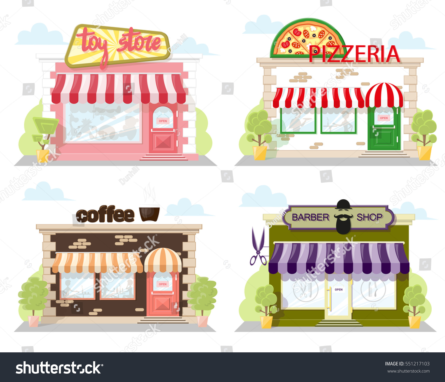 Set Front Facade Buildings Toy Store Stock Vector Royalty Free
