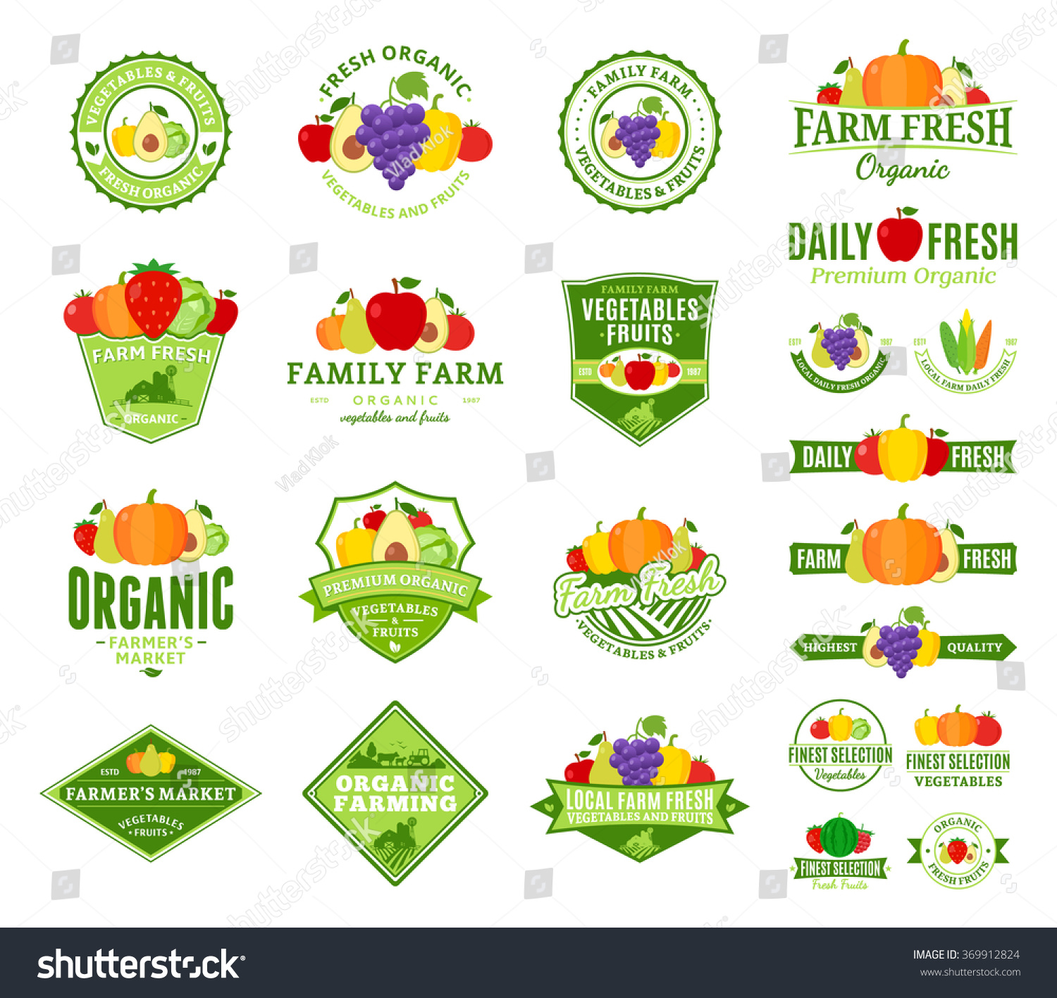 Set Fruit Vegetables Logo Fruit Vegetables Stock Vector 369912824 ...