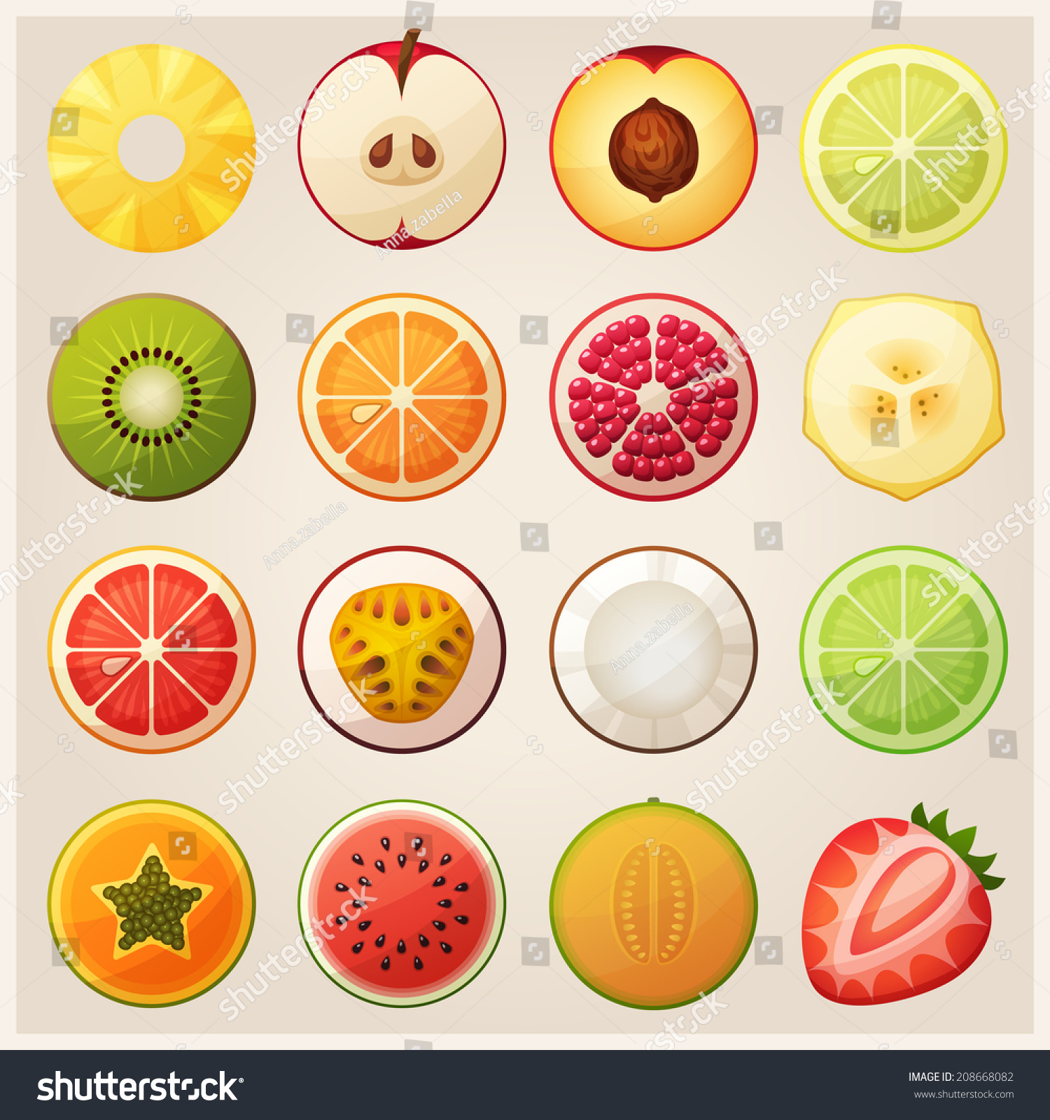 Set Fruit Halves Slices Pineapple Apple Stock Vector 208668082 ...