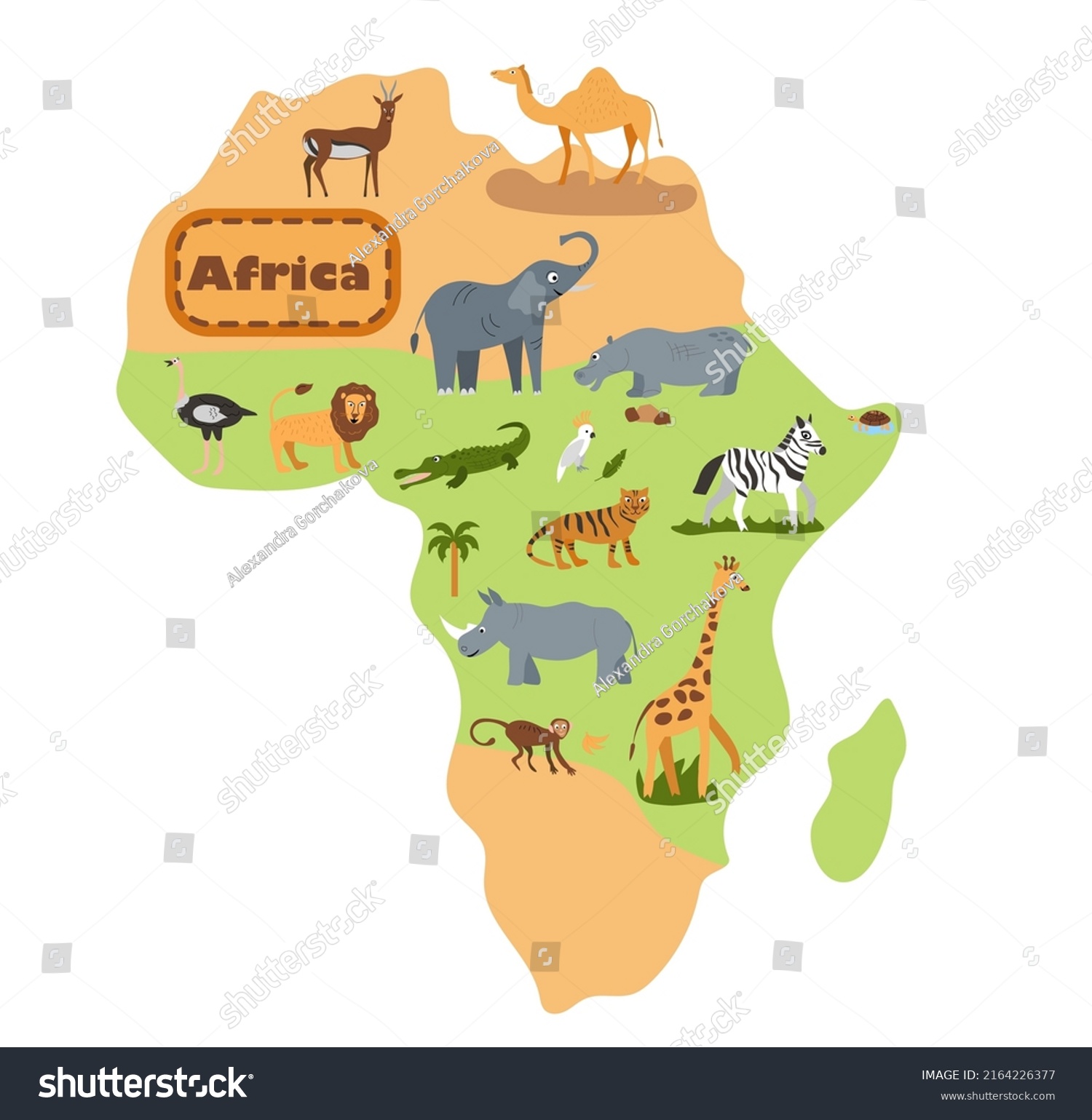 Stock Vector Set Of Funny African Wild Animals On Continent Background Elephant Lion Giraffe Monkey Parrot 2164226377 