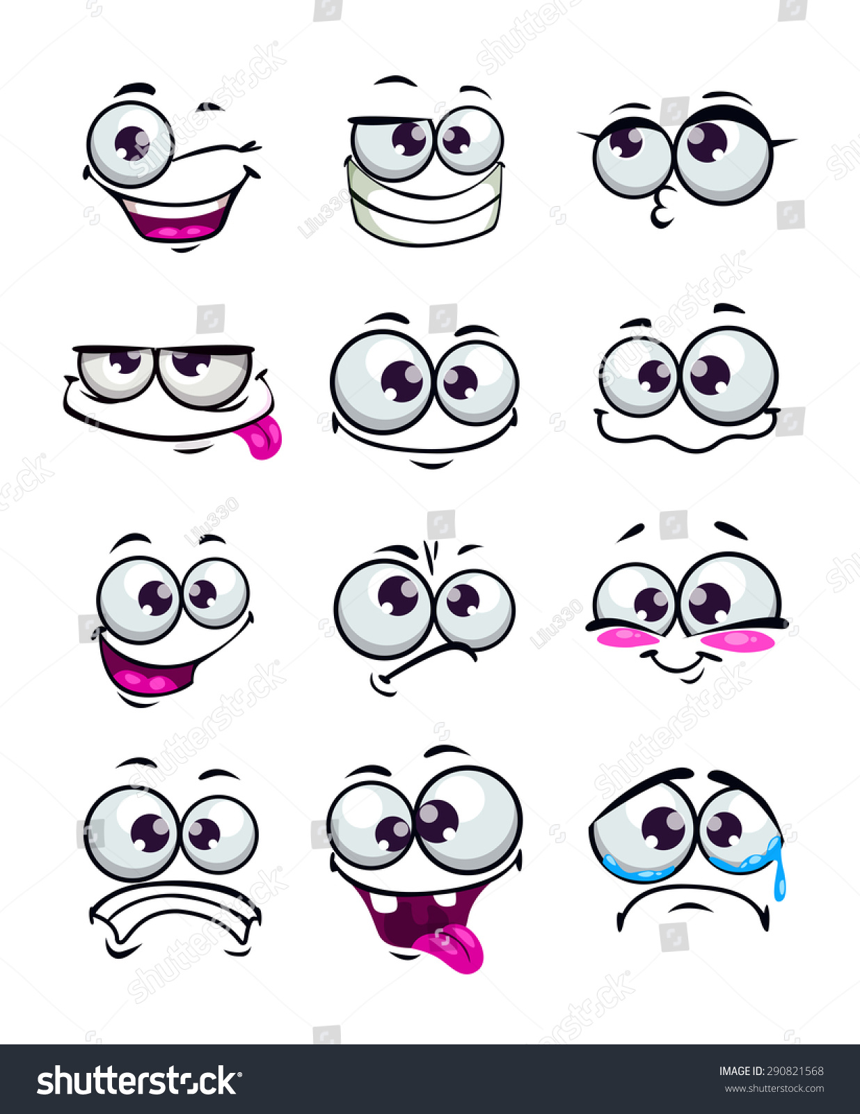 SVG of Set of funny cartoon faces, different emotions, isolated on white svg