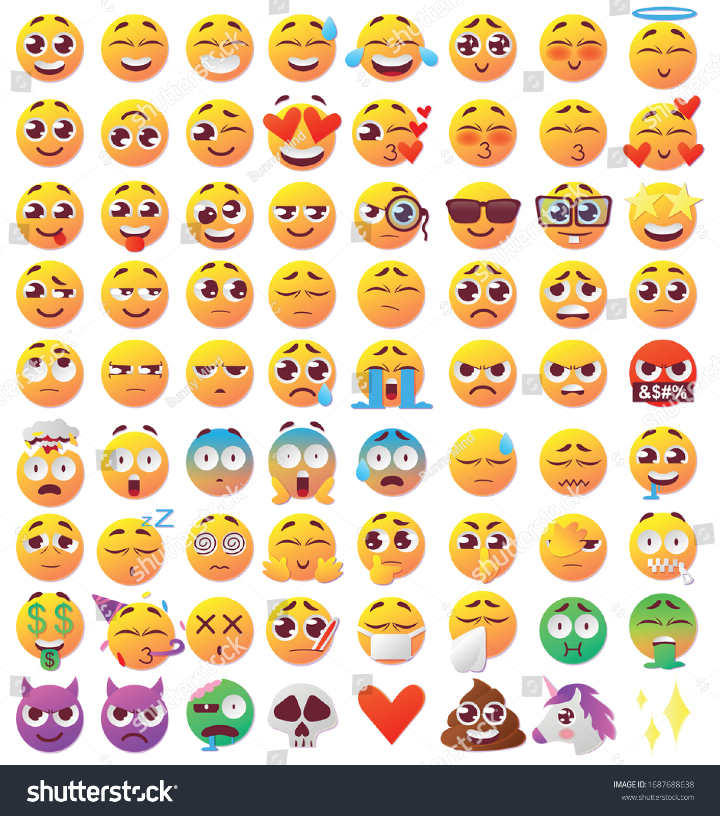 SVG of Set of funny faces with big eyes. Sad, crying, funny, suspicious, angry, smiling faces. Flat design 72 expressions of emotions Kawaii Emoji. Icons with a beautiful gradient. svg