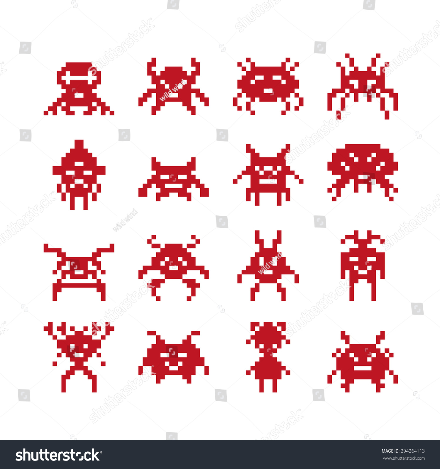 Set Funny Retro Monsters 16x16 Pixel Stock Vector Royalty Free 294264113