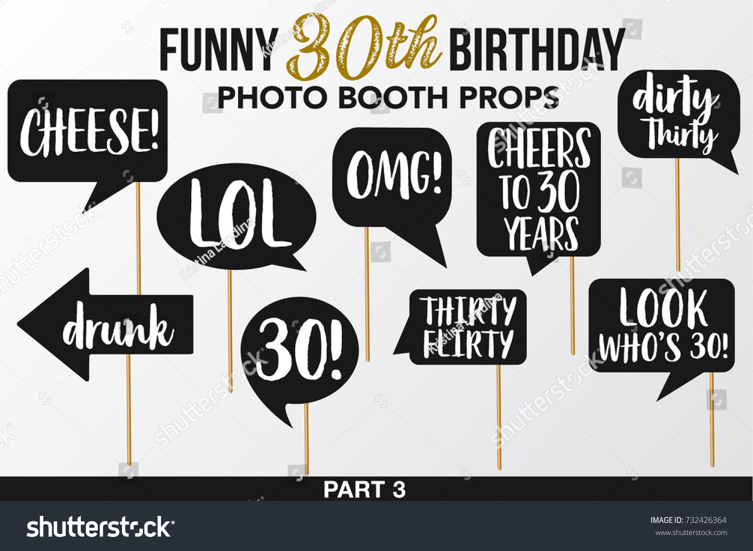 SVG of Set of Funny Thirty Birthday photobooth Vector Props.Black color with golden glitter elements and signs Lol, Hot Mess, Drunk, Cheers, OMG, Thirty Flirty, Look who is, Dirty, Cheese on sticks. Part 3. svg