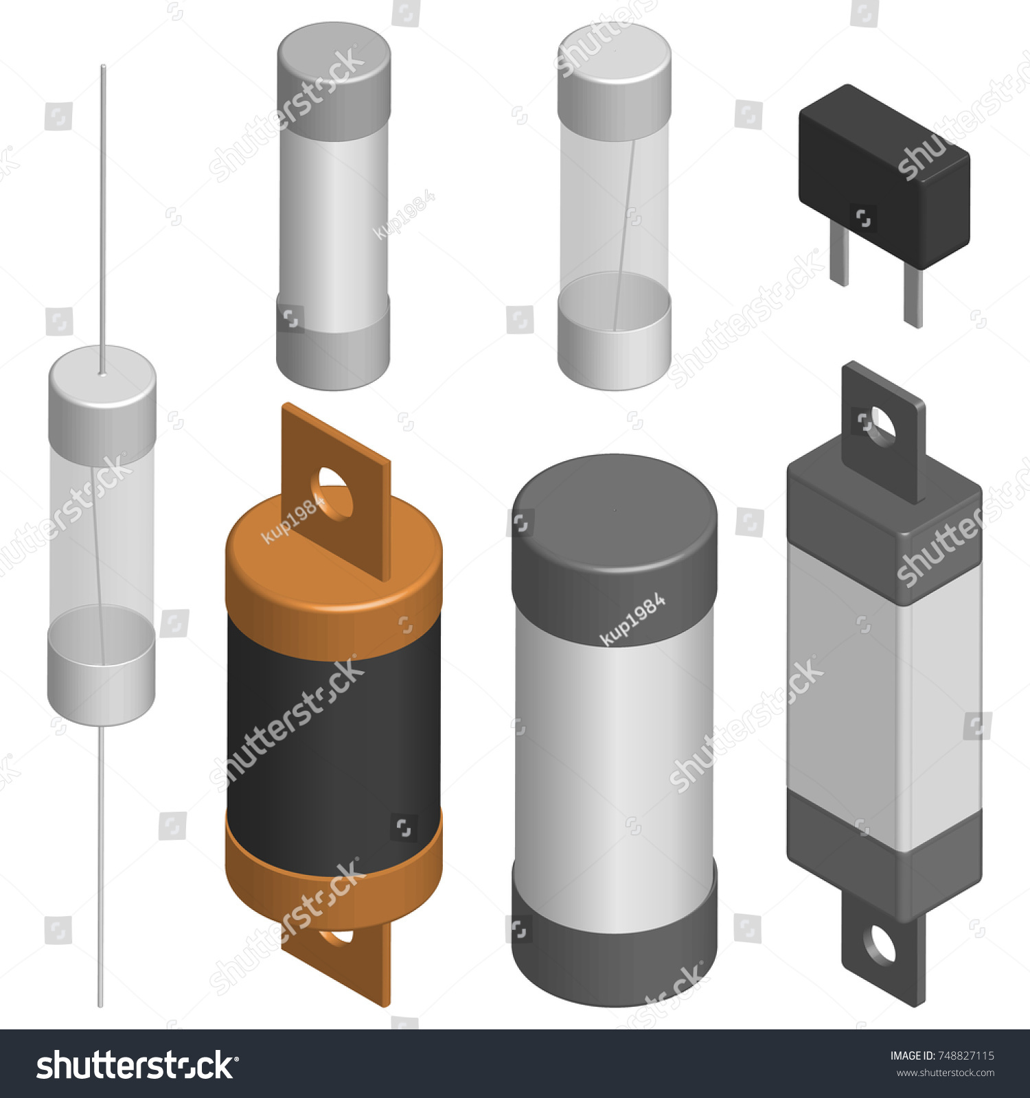 SVG of Set of fuses of different shapes isolated on white background. Elements design of electronic components. 3D isometric style, vector illustration. svg