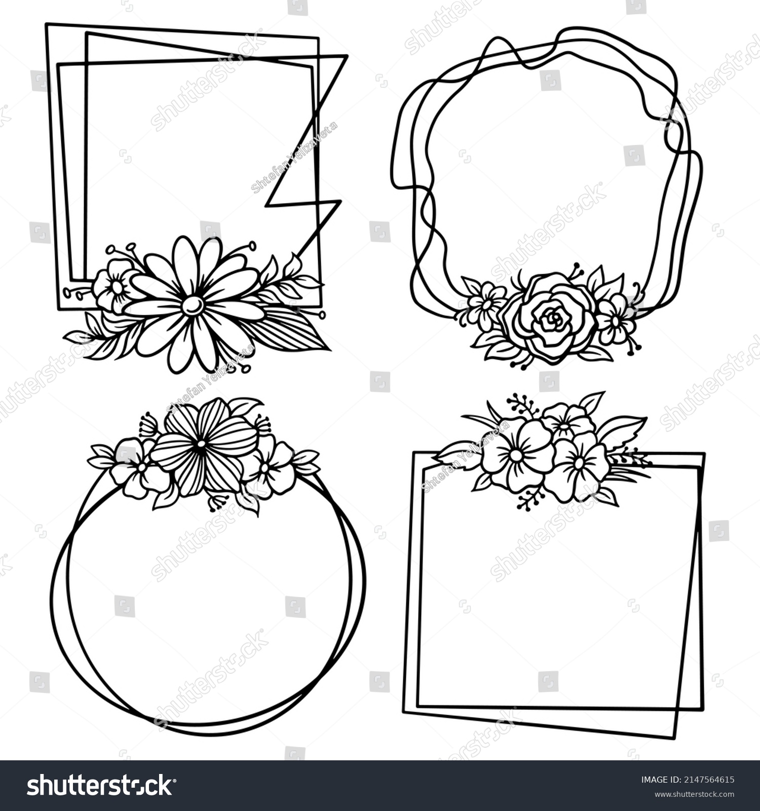 SVG of Set of geometric floral frame, border with leaves, wreaths, flower elements. Hand drawn sketch pencil style. Perfect for invitation, greeting card, social media, blog.Cut and print file svg
