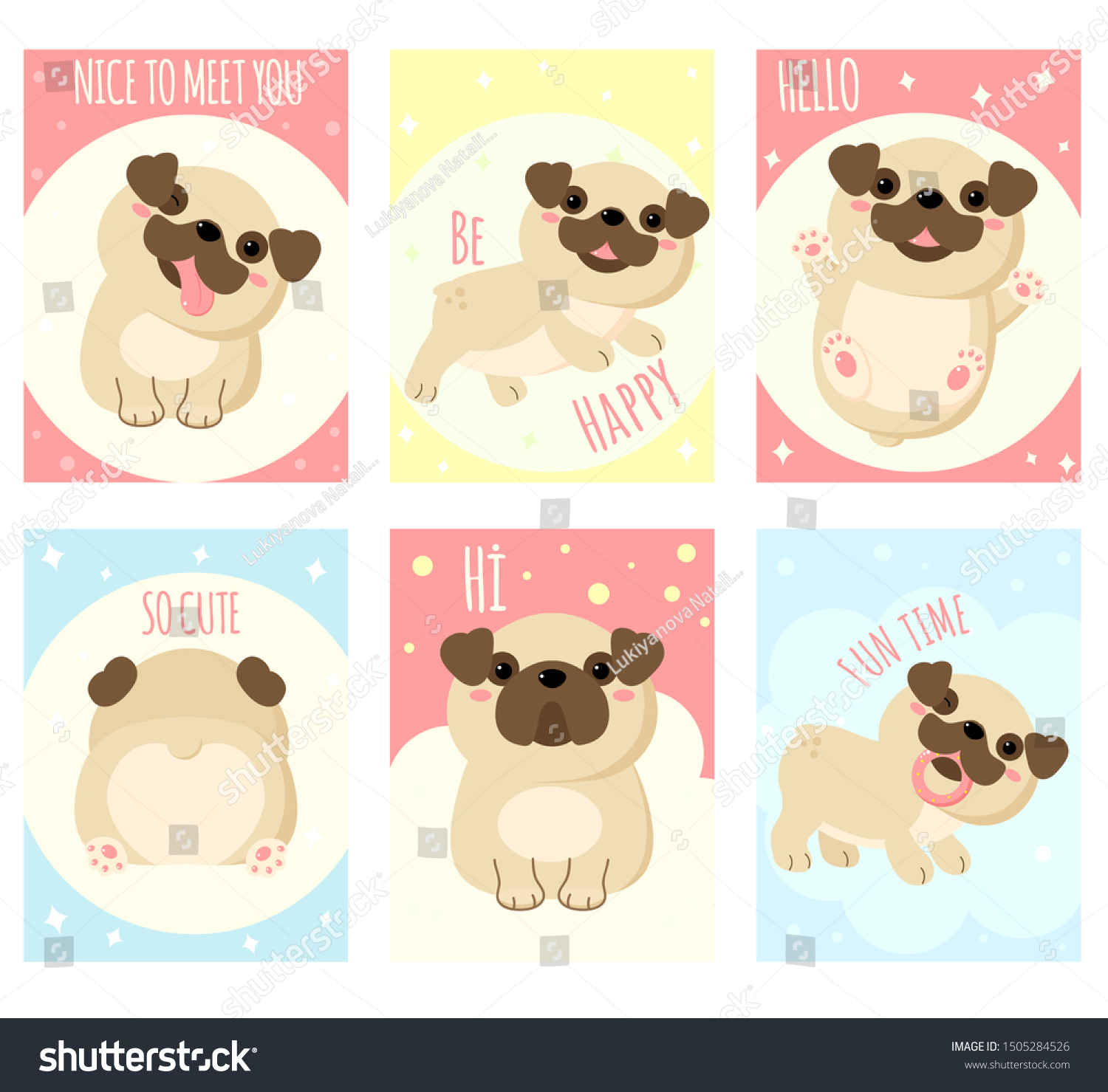 SVG of Set of gift tag, card, badge, sticker with cute pugs. Inscription - nice to meet you, be happy, hello, hi, so cute. Vector template card for greeting, decoration, congratulation, invitation. EPS8 svg