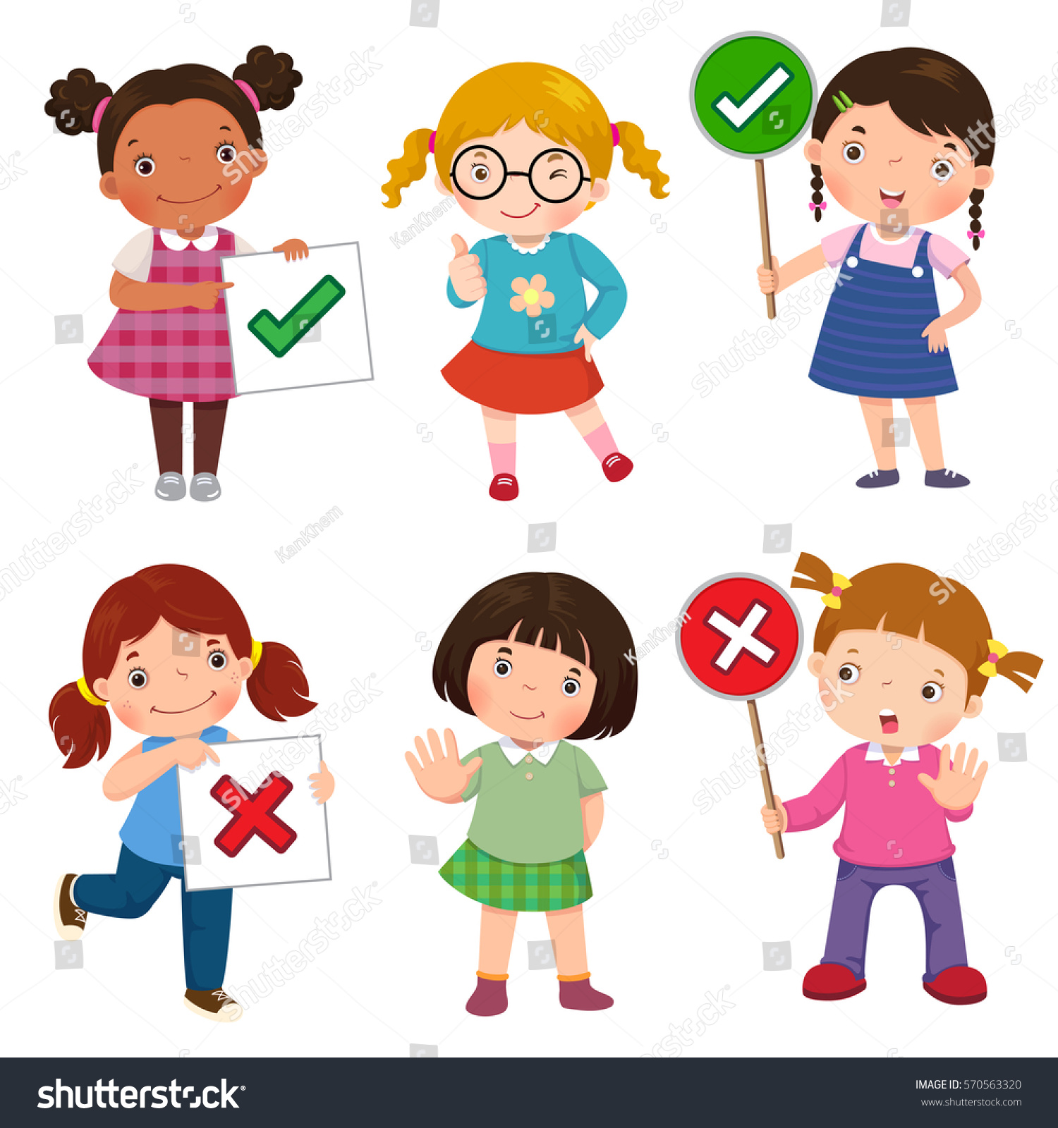 Set Girls Holding Doing Right Wrong Stock Vector Royalty Free