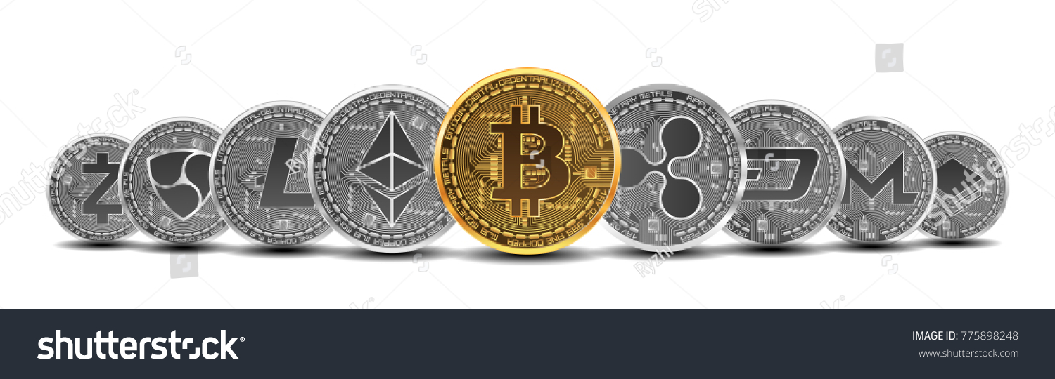 SVG of Set of gold and silver crypto currencies with golden bitcoin in front of other crypto currencies as leader isolated on white background. Vector illustration. Use for logos, print products svg