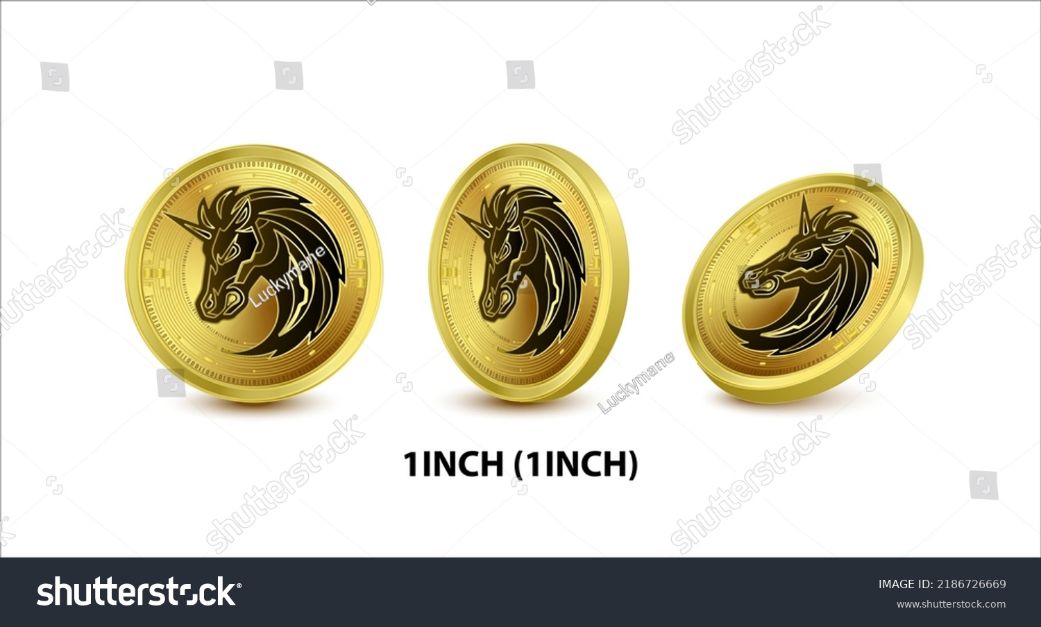 SVG of Set of Gold coin 1inch (1INCH) Vector illustration. Digital currency. Cryptocurrency Golden coins with bitcoin, ripple ethereum symbol isolated on white background. 3D isometric Physical coins. svg