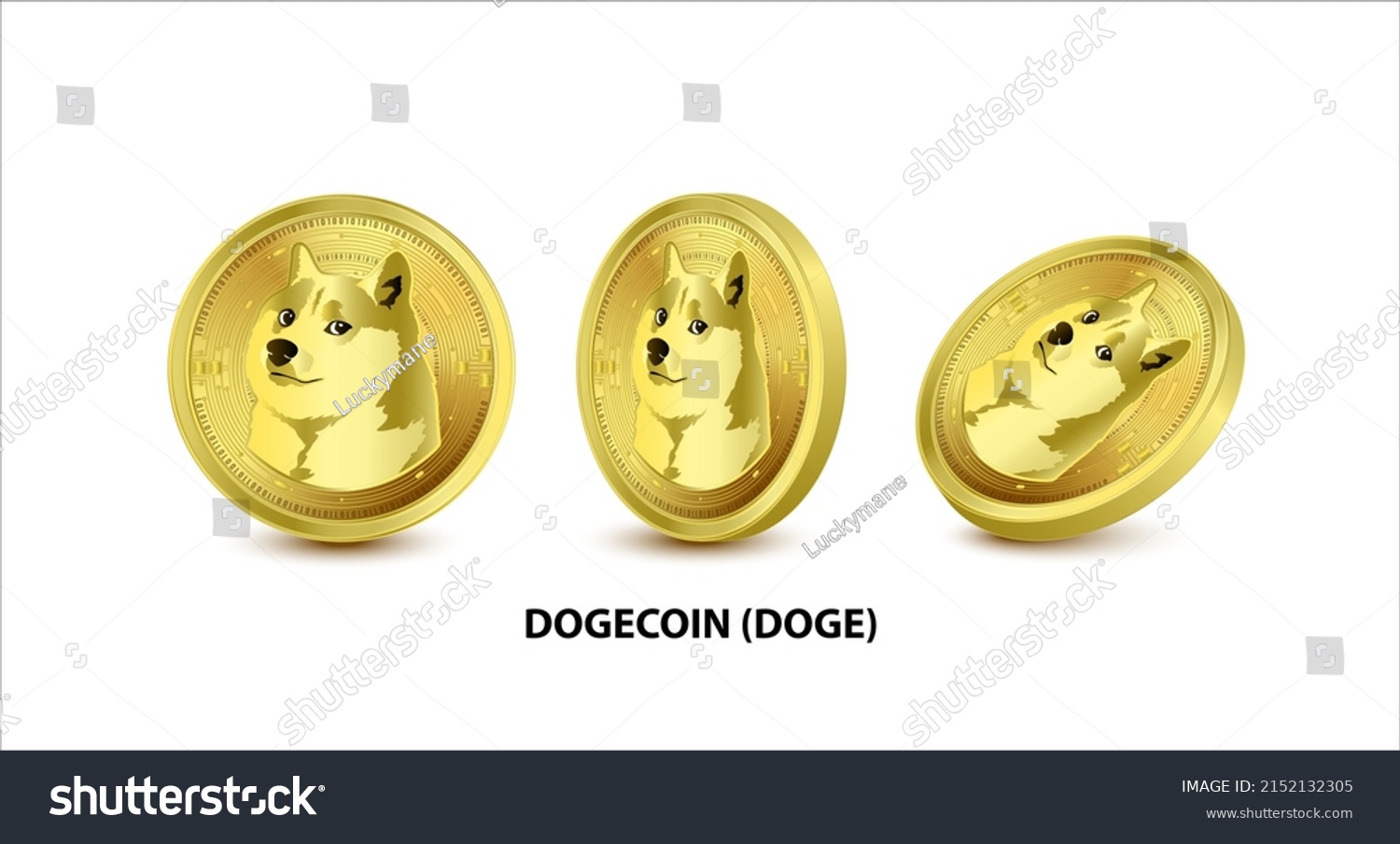 SVG of Set of Gold Dogecoin (DOGE) Vector illustration. Digital currency. Cryptocurrency. Golden coins with bitcoin, ripple and ethereum symbol isolated on white background. 3D isometric Physical coins. svg