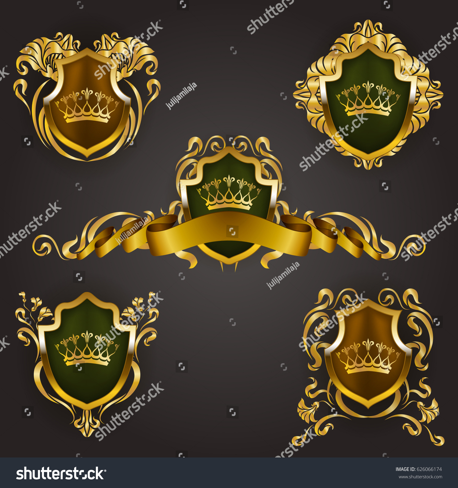 Set Golden Royal Shields Floral Elements Stock Vector (Royalty Free ...