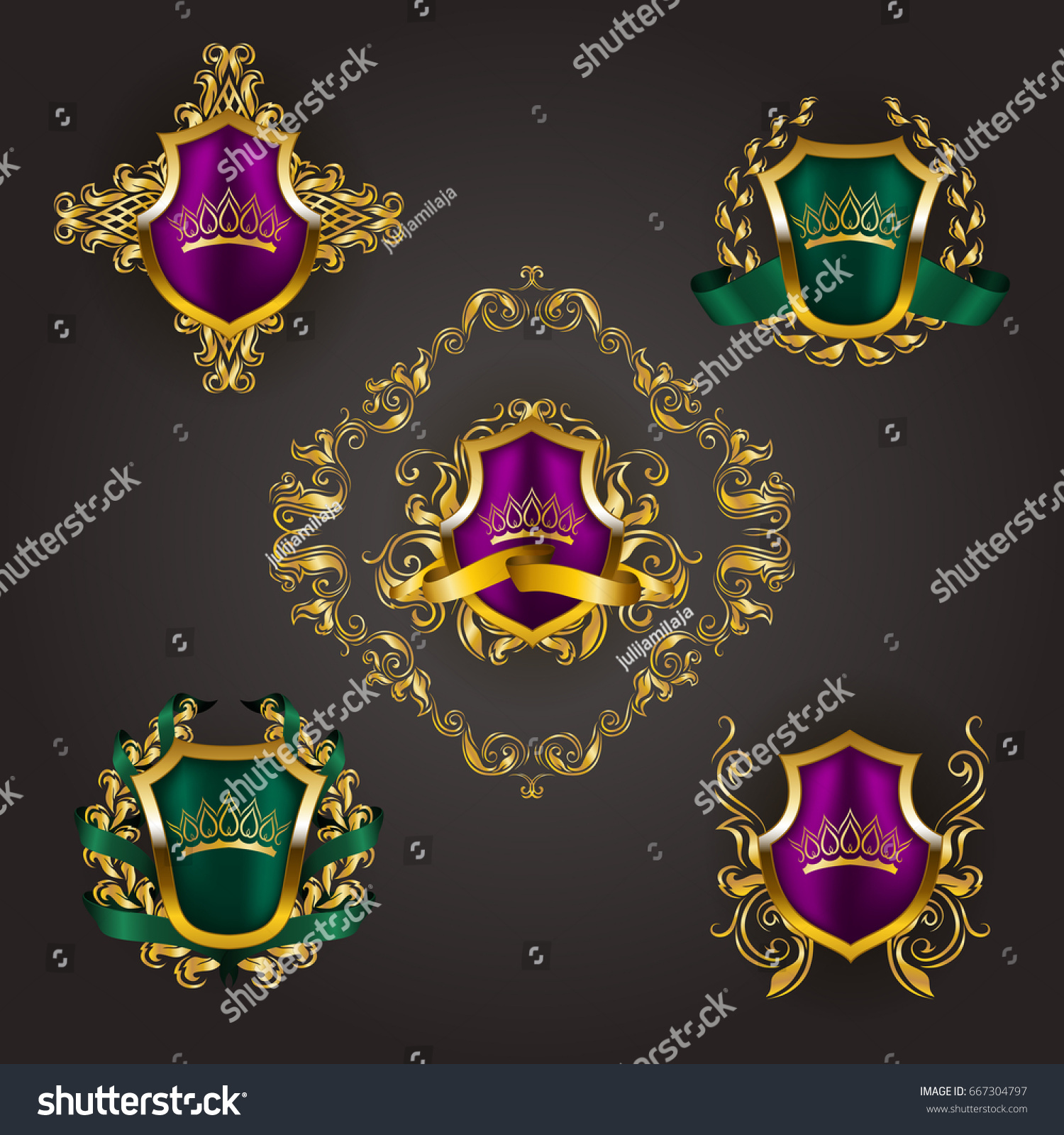 Set Golden Royal Shields Floral Elements Stock Vector (Royalty Free ...