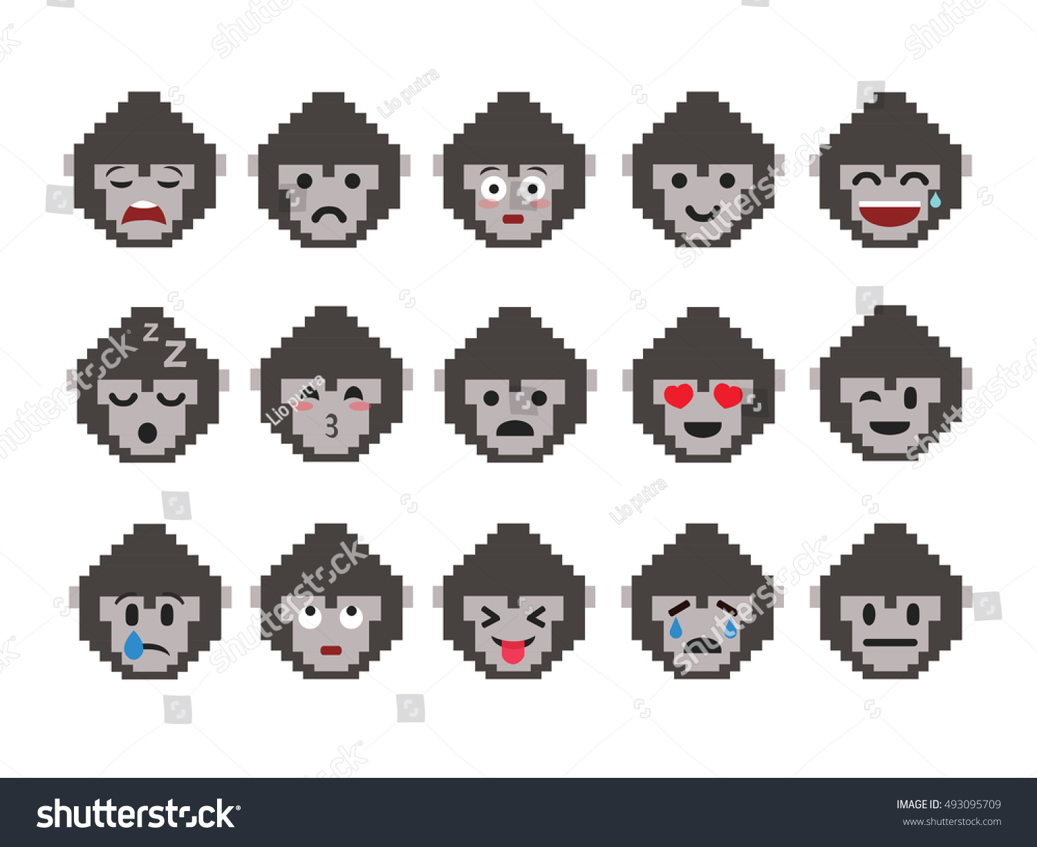 Set Gorilla Face Pixel Art Isolated のベクター画像素材 ロイヤリティフリー