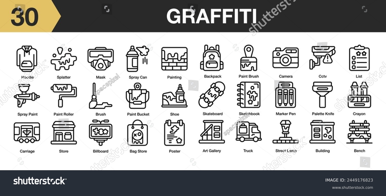 SVG of Set of 30 graffiti icon set. Includes mask, paint, brush, bag, poster, knife, spray, and More. Outline icons vector collection. svg