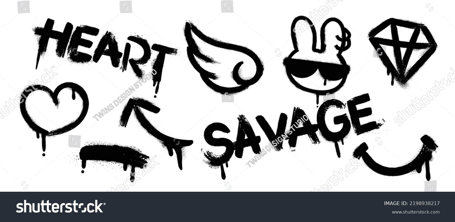 SVG of Set of graffiti spray pattern. Collection of black symbols, heart, wing, text, rabbit, dot and stroke with spray texture. Elements on white background for banner, decoration, street art and ads. svg