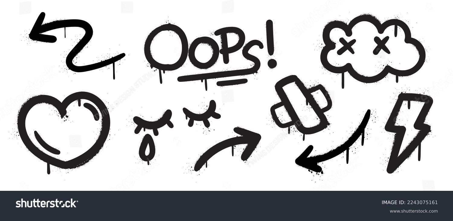SVG of Set of graffiti spray pattern vector illustration. Collection of spray texture arrow, heart, tear drop, cloud, lightning bolt, plaster. Elements on white background for banner, decoration, street art. svg