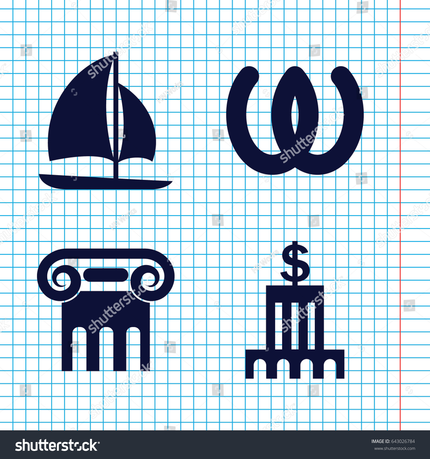 SVG of Set of 4 greek filled icons such as greek column, sailboat, bank svg