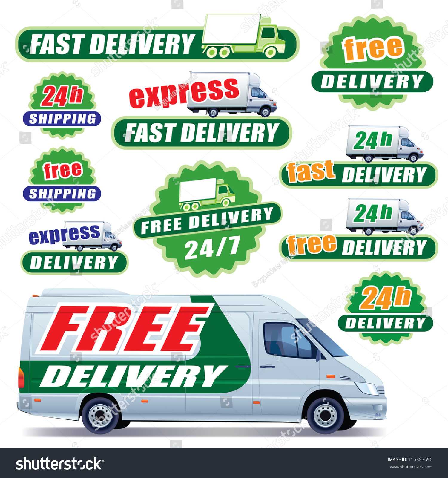 Set Green Delivery Signs Trucks Labels Stock Vector 115387690 ...