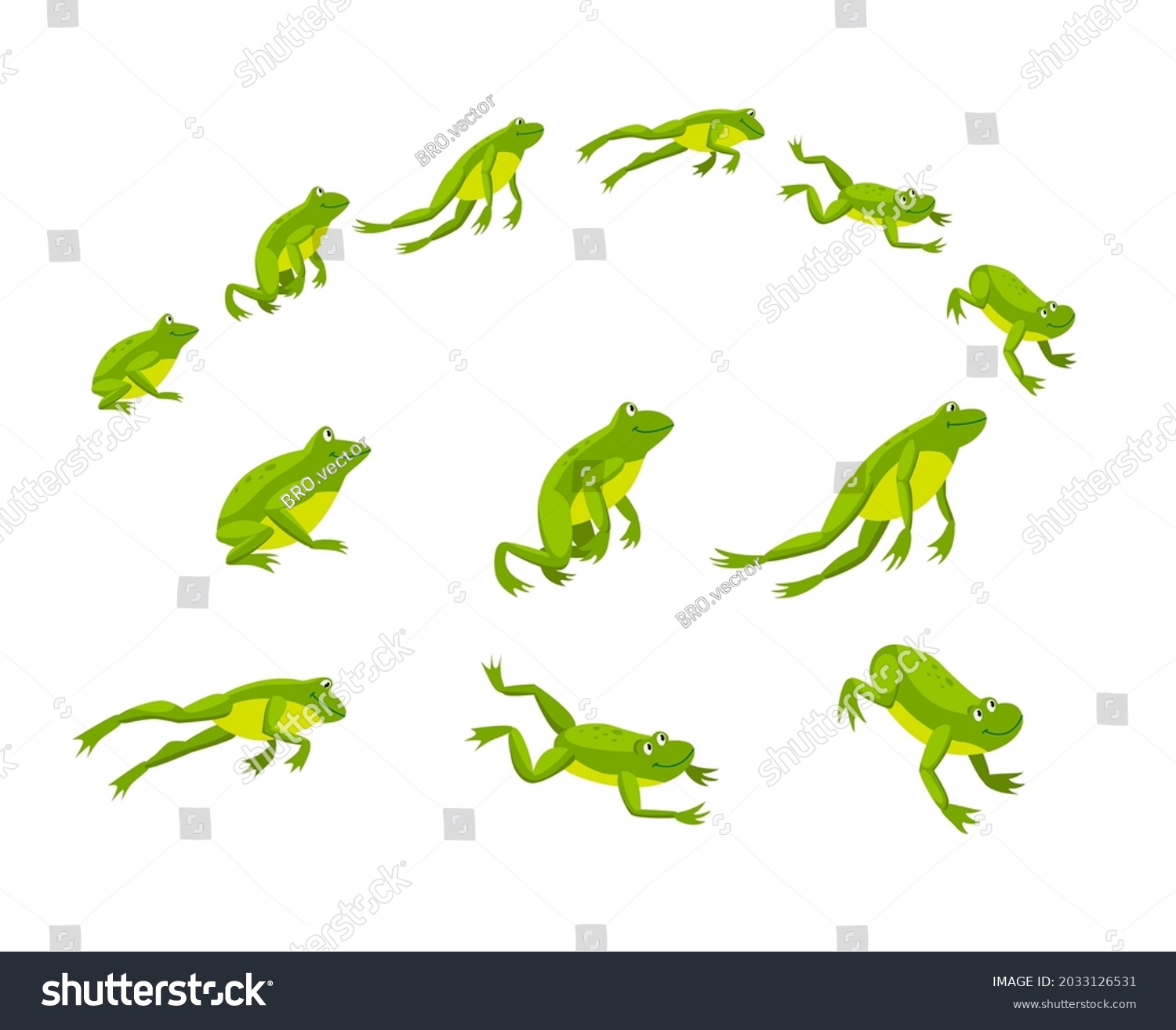 SVG of Set of green frogs jumping in sequence. Cartoon vector illustration. Leaping toads on white background. Animated funny water animals. Nature, movement, amphibia, reptile, fauna concept for design svg