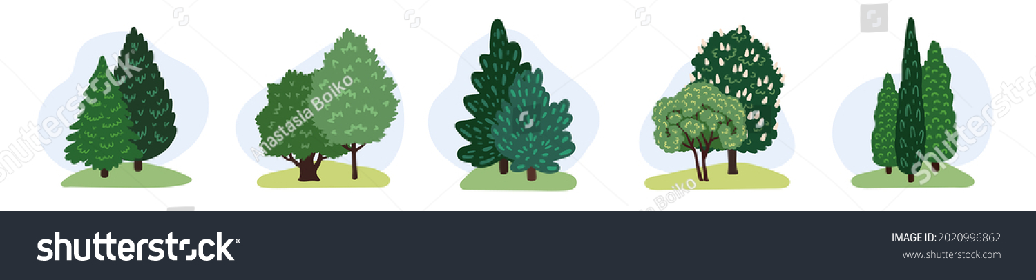 SVG of Set of green trees, bushes. Collection of deciduous and evergreen forest and park plants. Hand-drawn design elements for landscape. Cartoon vector illustration for game design. svg