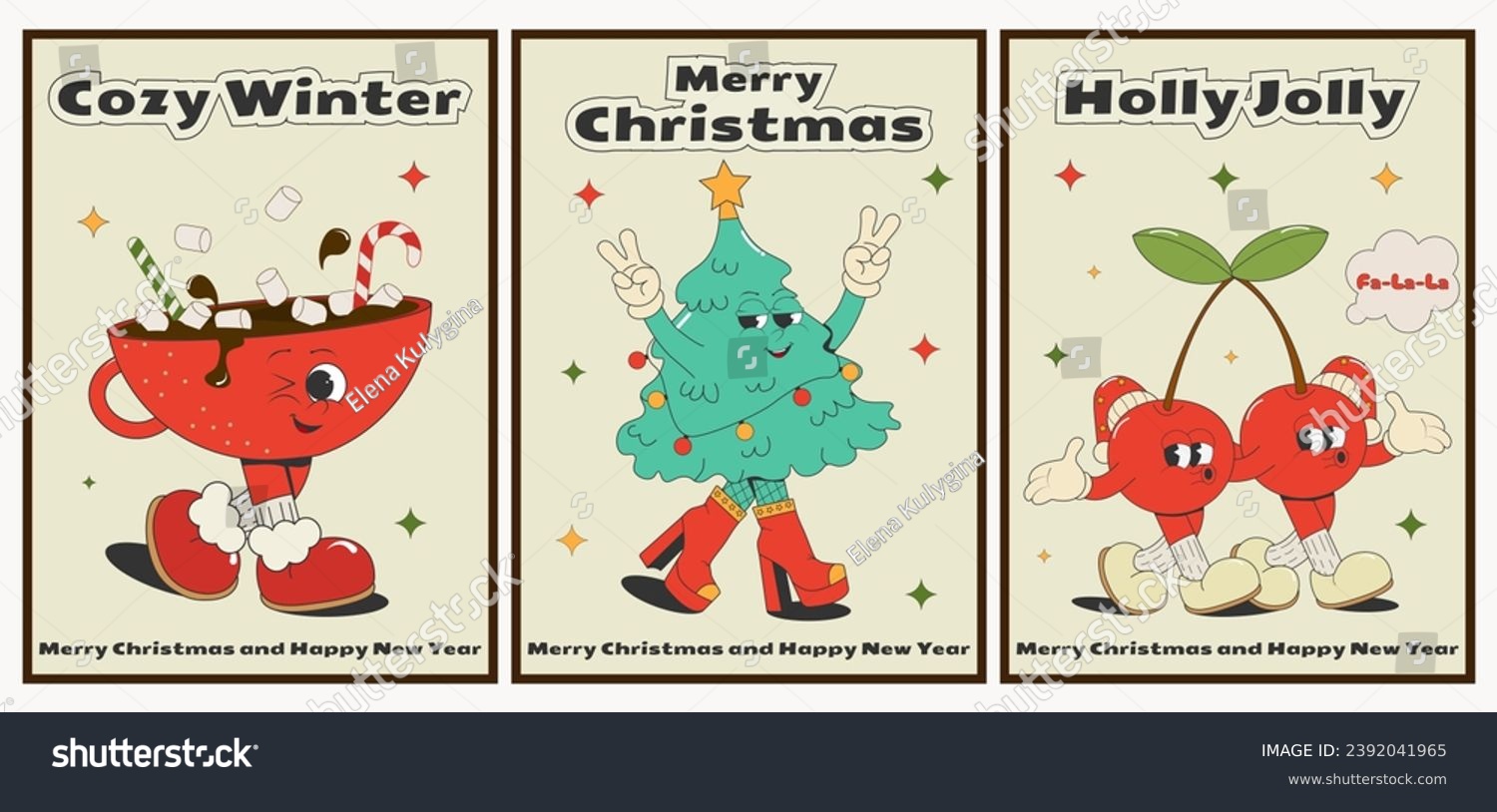 SVG of set of groovy Christmas posters with a cartoon Christmas tree, a cup of cocoa and funny cherries in Santa's hat. Vector illustration in the comic retro style of the 60s-70s. svg