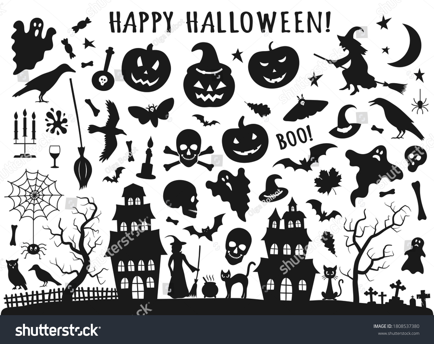 SVG of Set of Halloween black icons. Vector illustration in flat style with witch, cat, raven, hat, ghosts, bats, candle, pumpkin, spider, cobweb, skull and bones svg