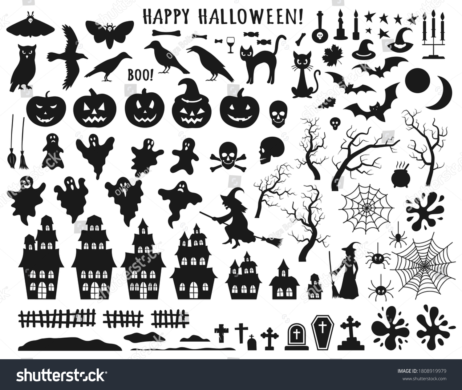 SVG of Set of Halloween black icons with witch, cat, raven, hat, ghosts, bats, candle, pumpkin, spider, cobweb, skull and bones. Vector illustration in flat style isolated  over white background svg