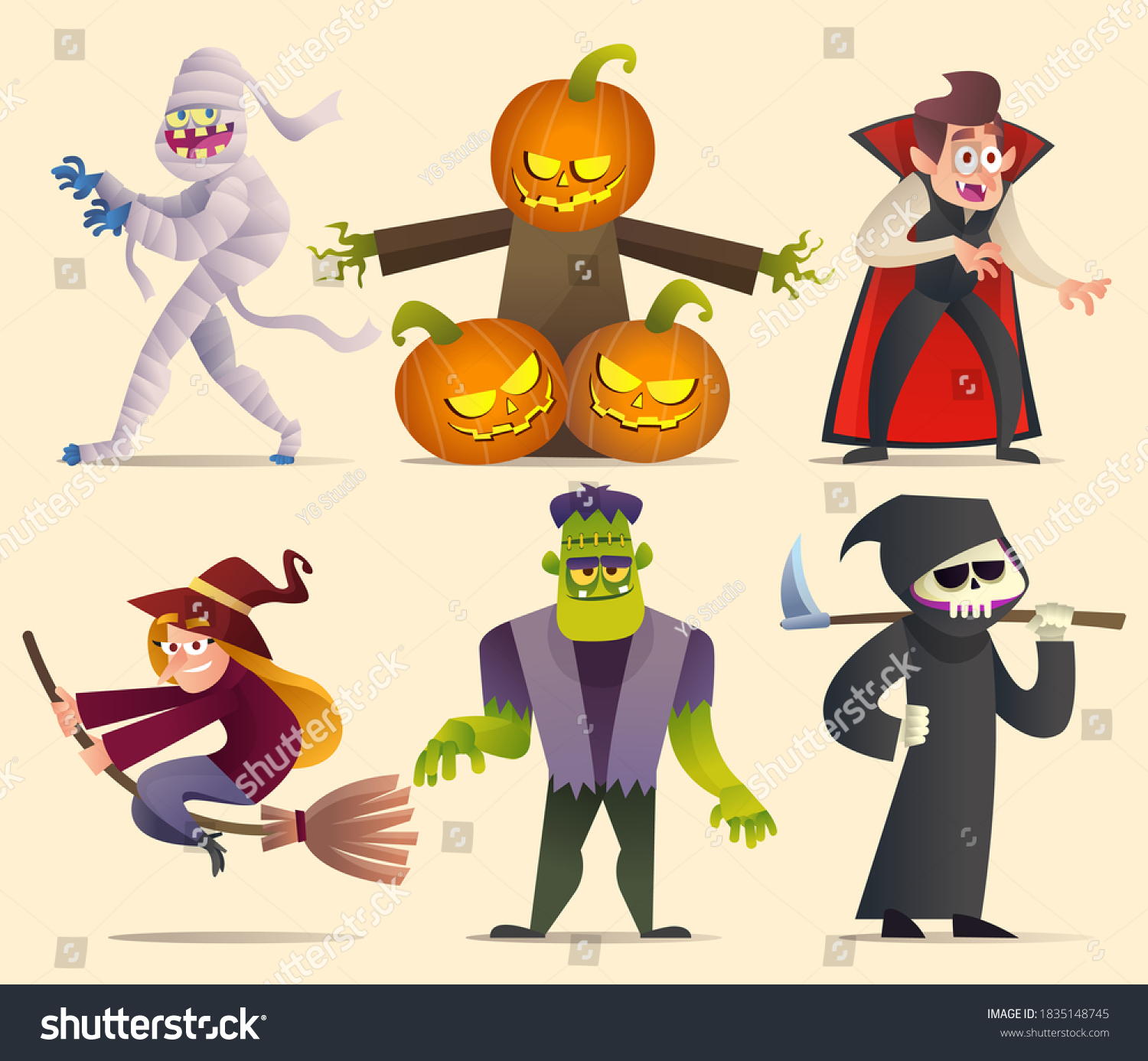 Set Halloween Characters Collection Cartoon Illustration: เวกเตอร์สต็อก (ปลอดค่าลิขสิทธิ์ 