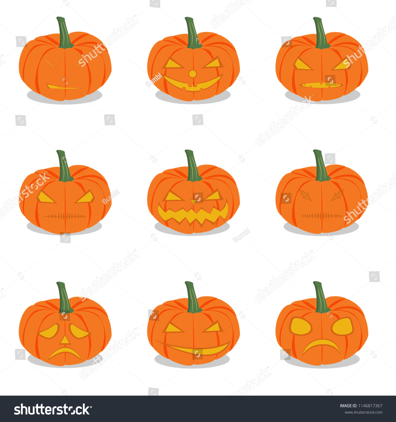 set halloween pumpkins different funny faces stock vector royalty