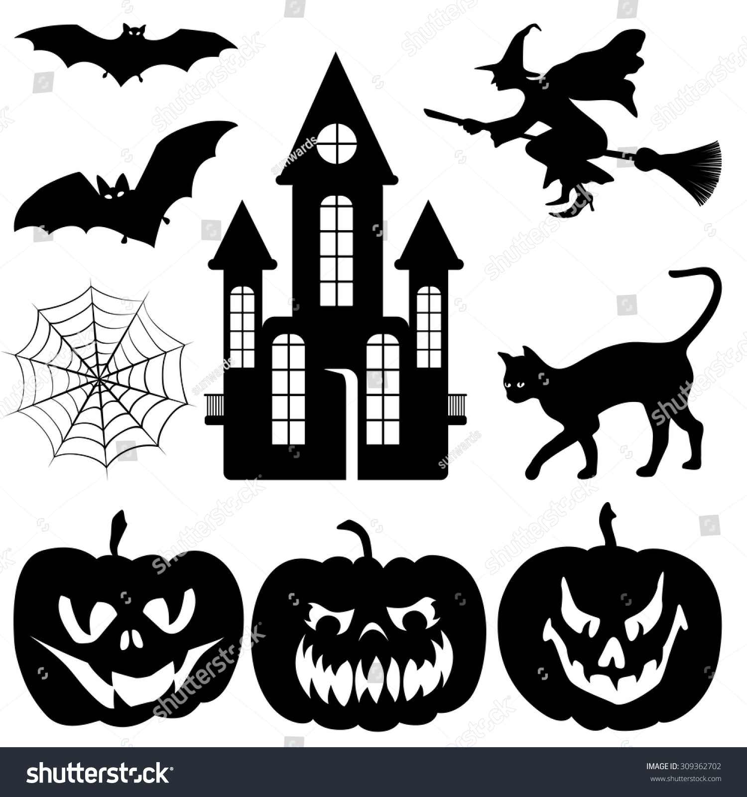 Set Halloween Silhouette On White Background Stock Vector (Royalty Free ...