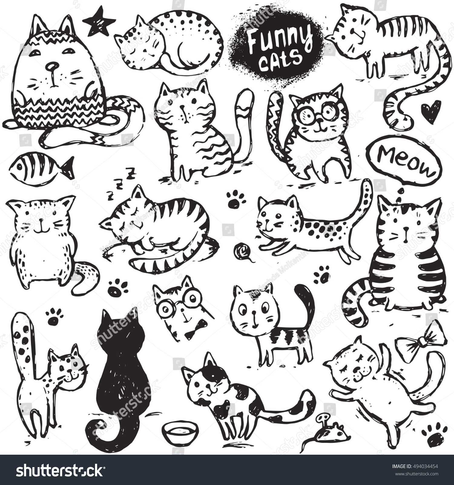 Set Hand Draw Funny Cats Sketch Vetor Stock Livre De Direitos