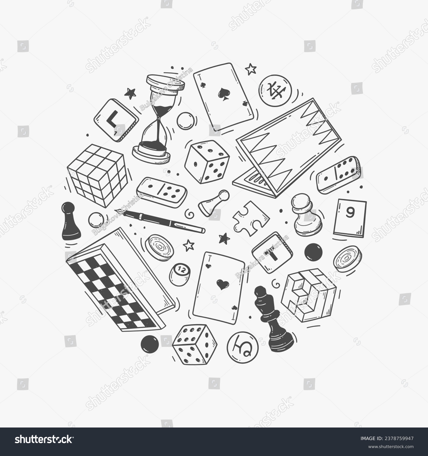 SVG of set of hand-drawn board games. sketch doodle of chess, checkers, go, dominoes, playing cards, scrabble, backgammon isolated on background. svg