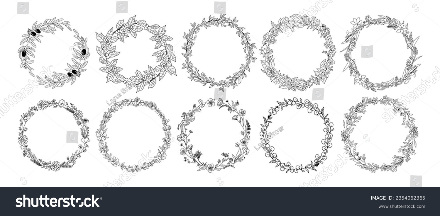 SVG of Set of Hand drawn botanical wreath line art vector illustrations isolated on white background. Circle frames with leaves and flowers in black ink sketch style. Elegant decorative design element svg