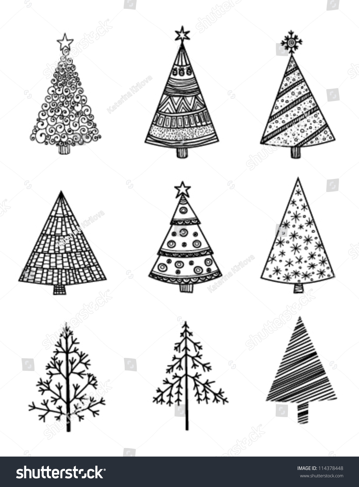 Set Of 9 Hand Drawn Christmas Trees Stock Vector Illustration 114378448 ...