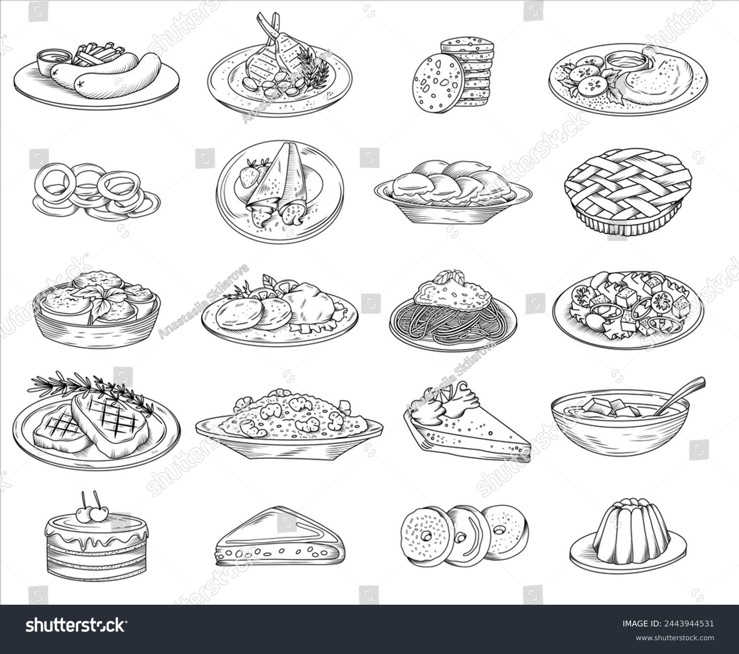 SVG of Set of hand drawn culinary dishes illustration (pancakes, sausages, risotto, steak, pie, dumplings, cake, Greek salad, cutlets, spaghetti, soup etc), vector sketch isolated illustration of food svg