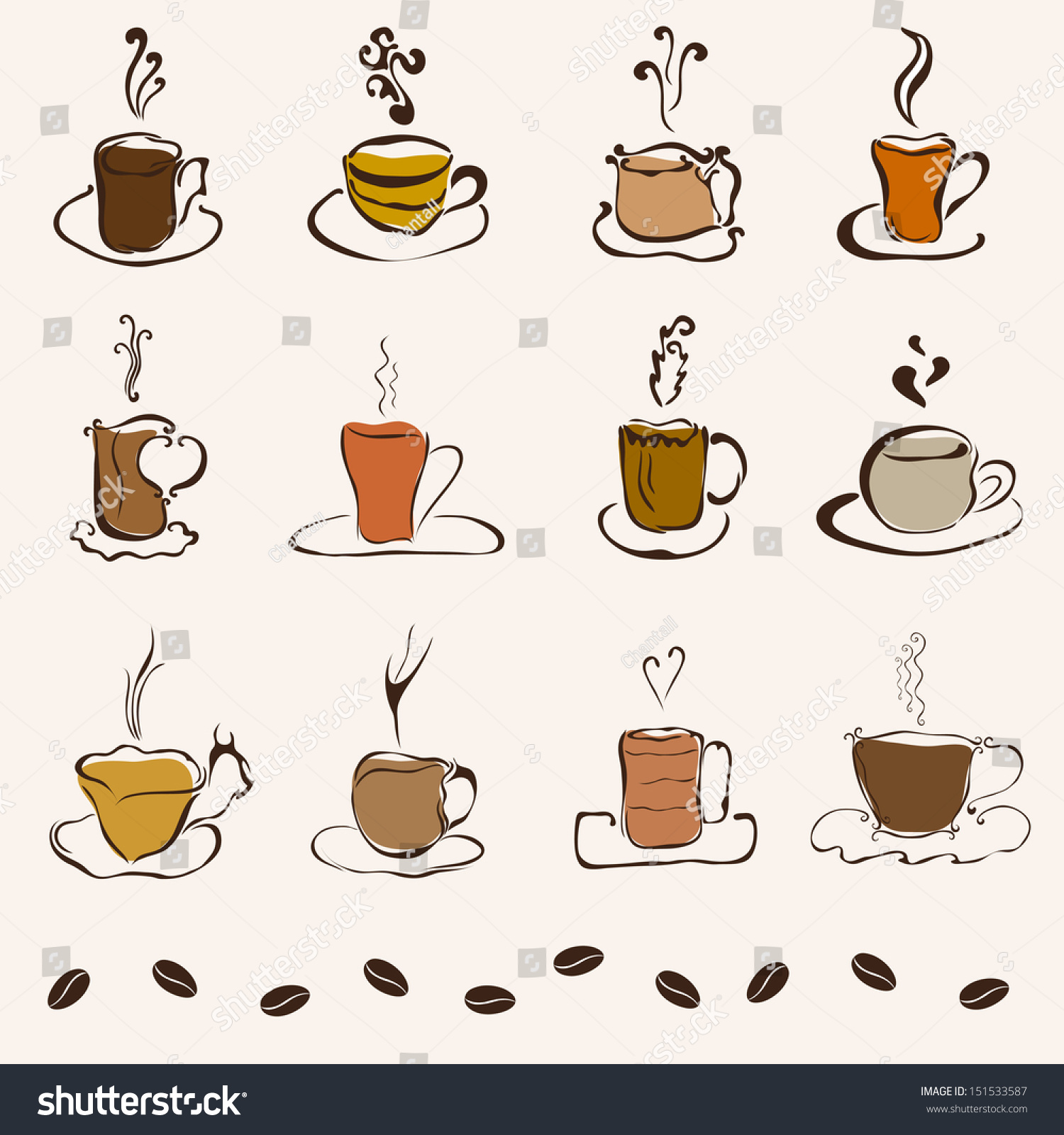 Set 12 Hand Drawn Decorative Coffee Stock Vector 151533587