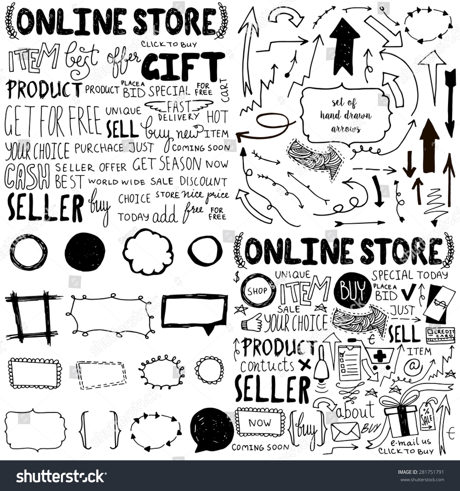 Set Hand Drawn Doodle Online Shopping Stock Vector Royalty Free